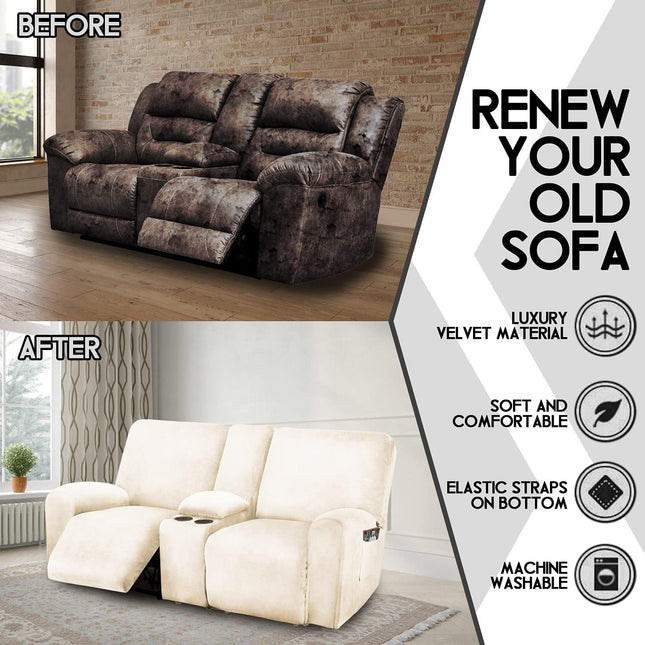 Velvet Stretch Reclining Loveseat Slipcover with Console, Ivory