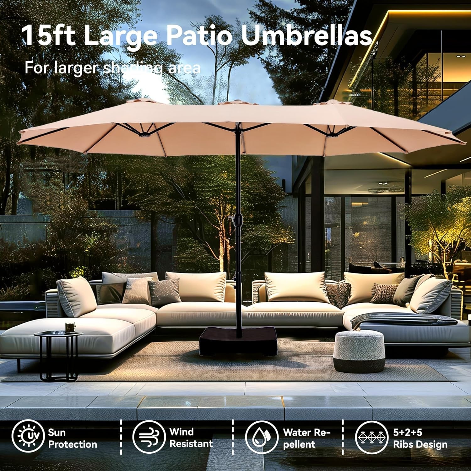 Large patio umbrella over a outdoor seating area with text highlighting features.