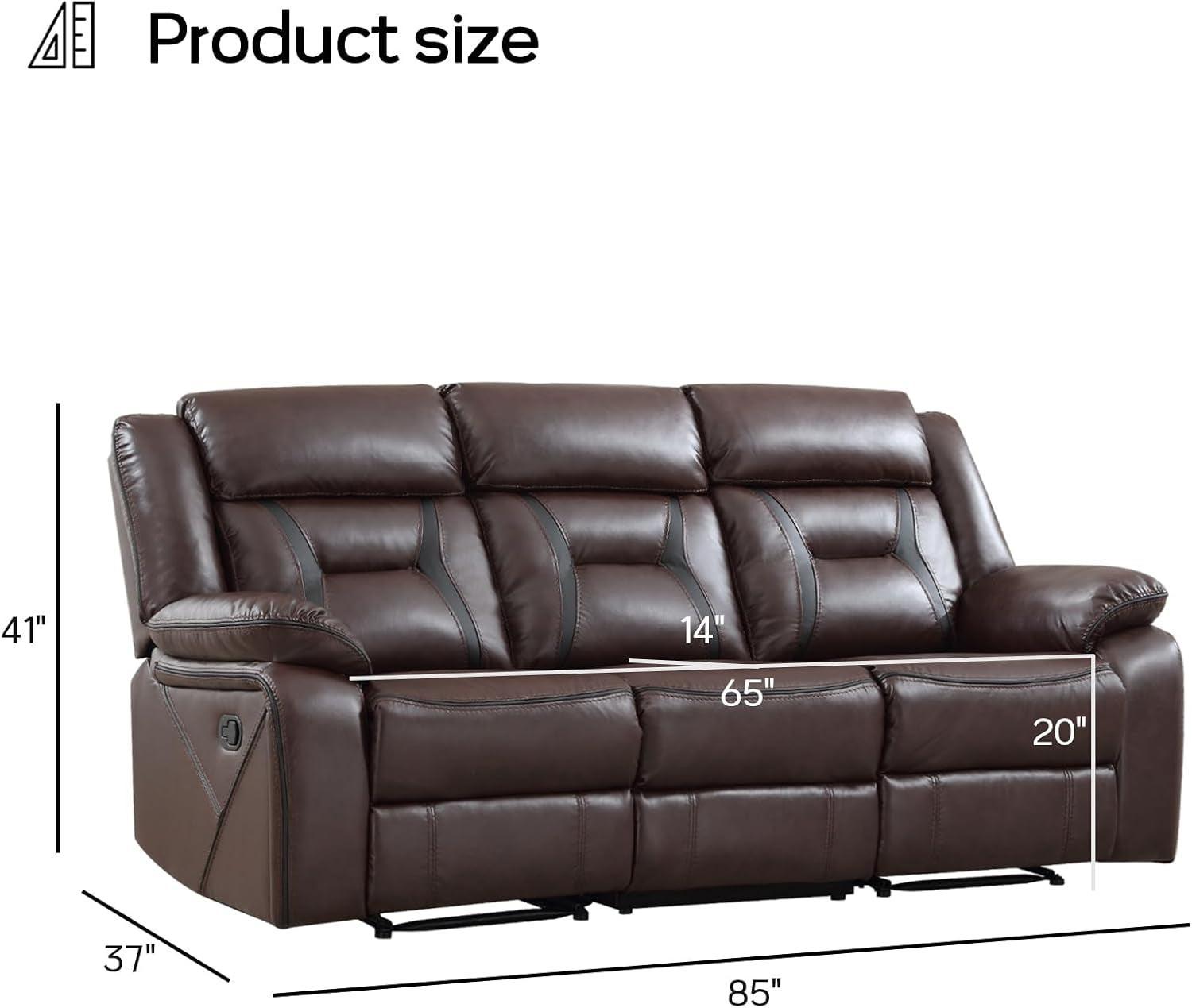 Brown leather sofa with dimensions labeled on a white background