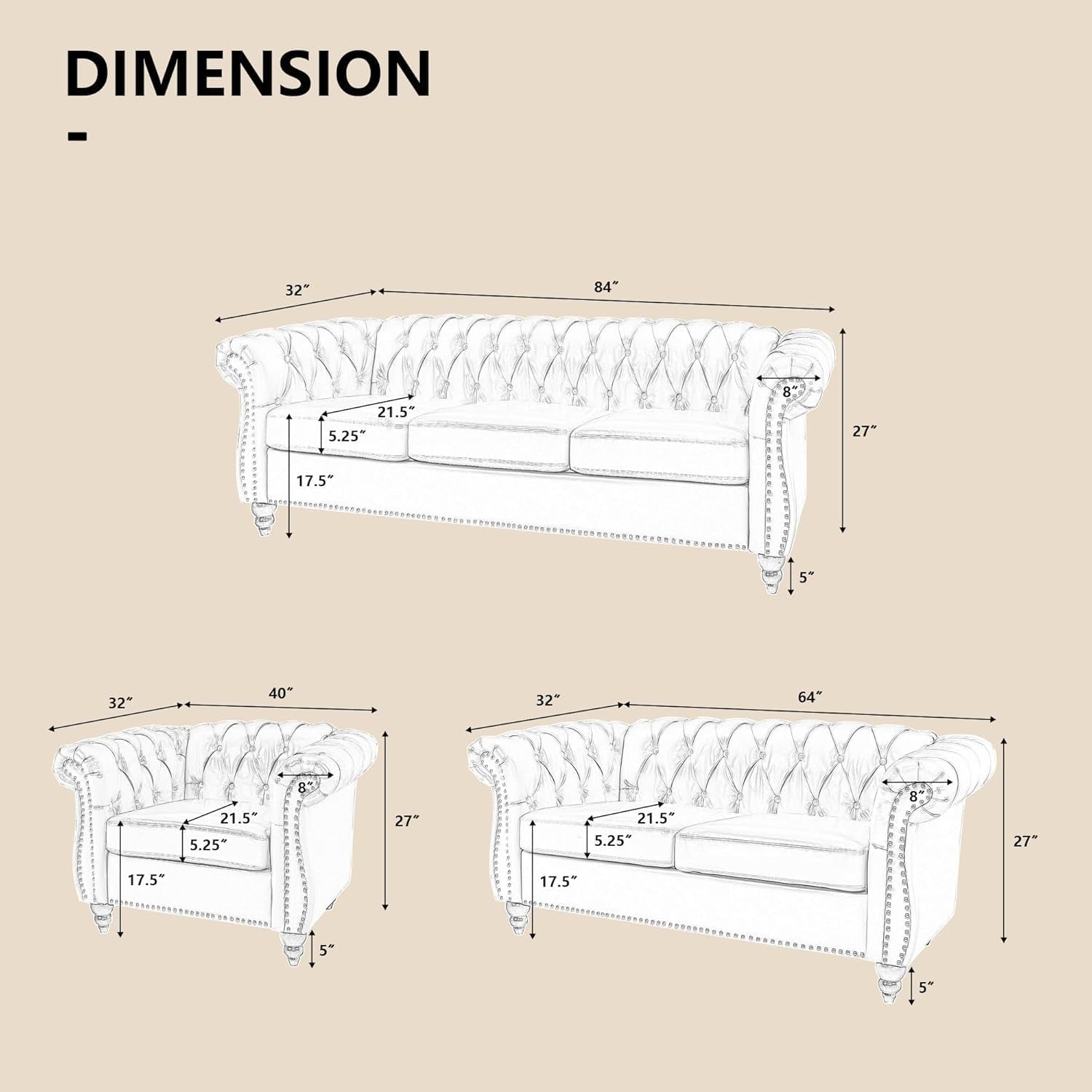 Beige Velvet Sectional Sofa Set With Button Tufting-1