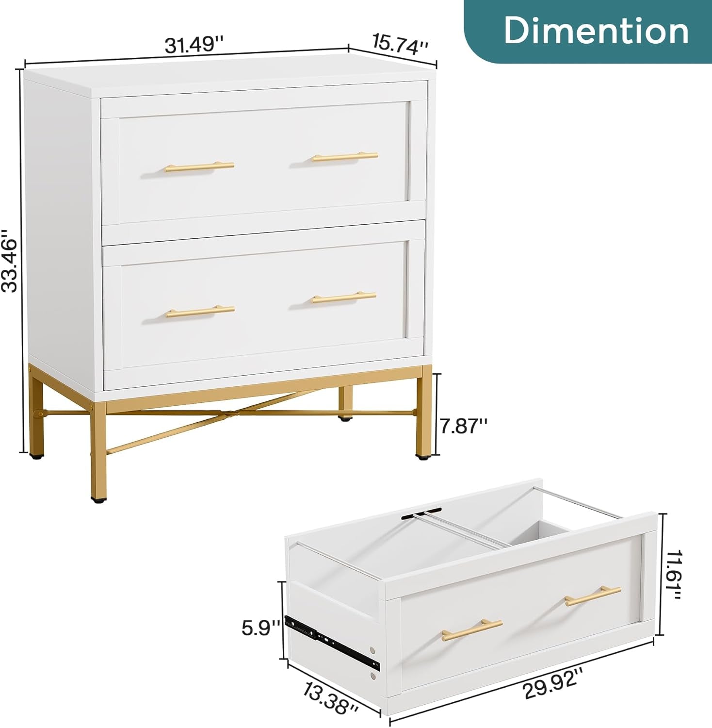 White dresser with gold legs and handles, showing dimensions on a white background.