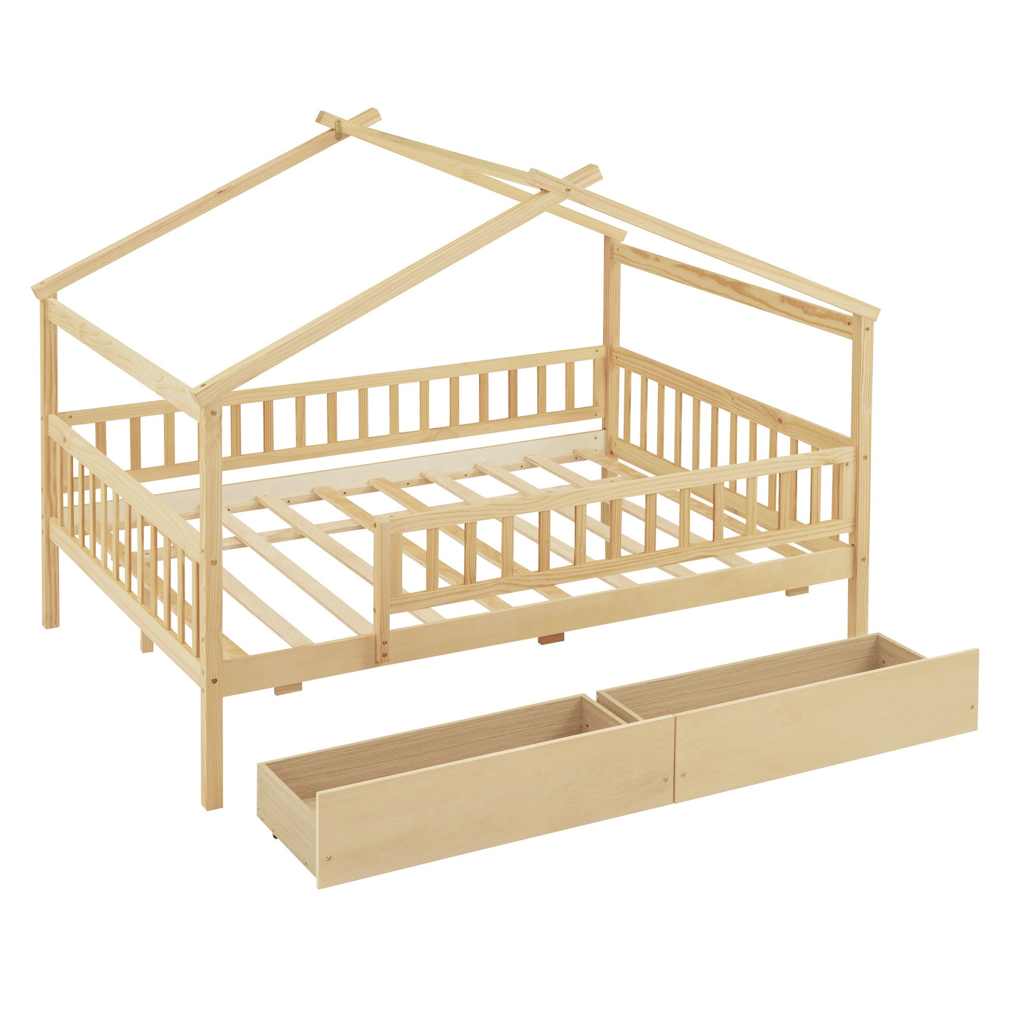 Full Size Wooden House Bed with Two Drawers
