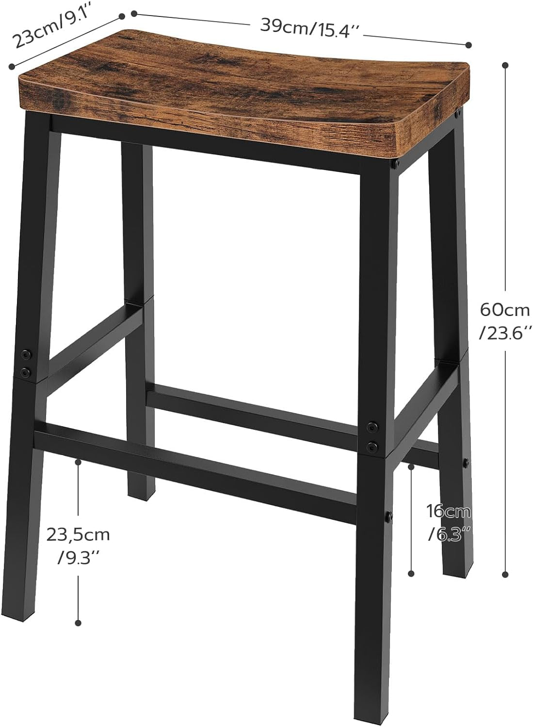 Wooden stool with black metal legs and dimensions displayed