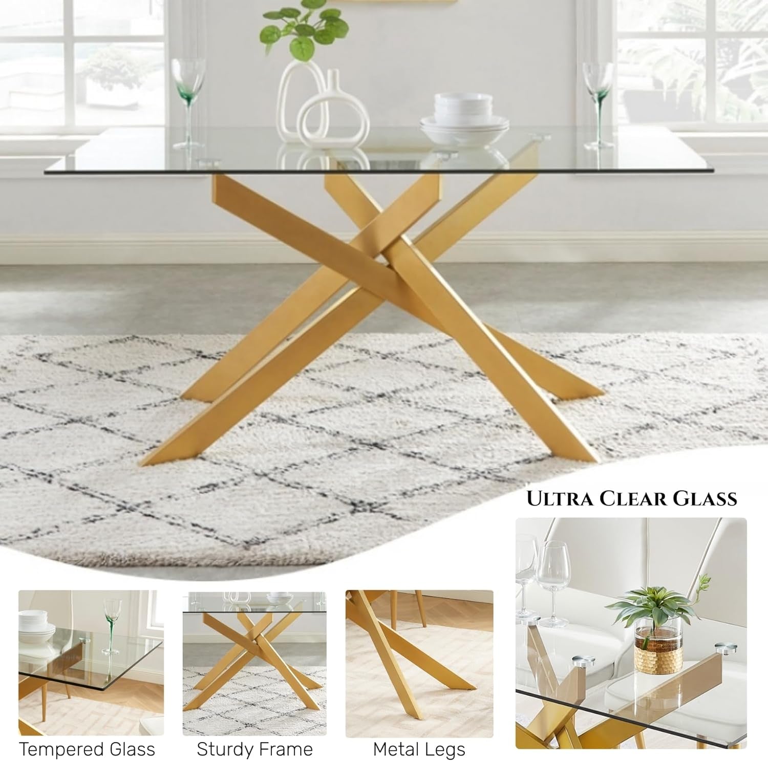 Dining table with gold metal legs and clear glass top in a modern living room setting.