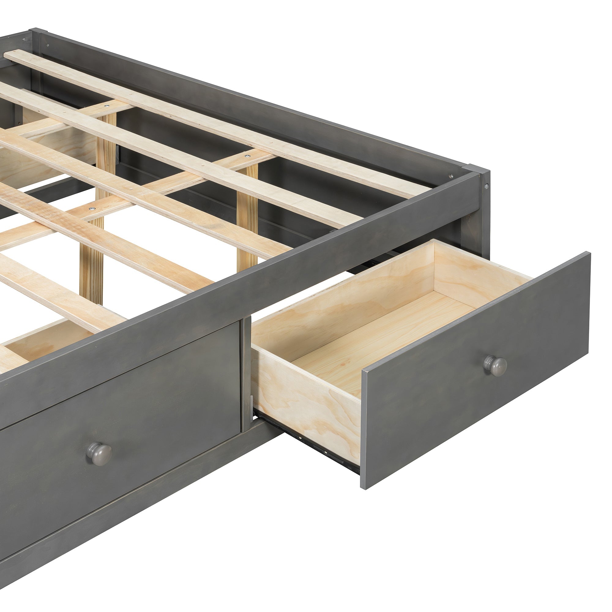 Platform Bed Frame with 4 Storage Drawers and Footboard Storage Cubby,