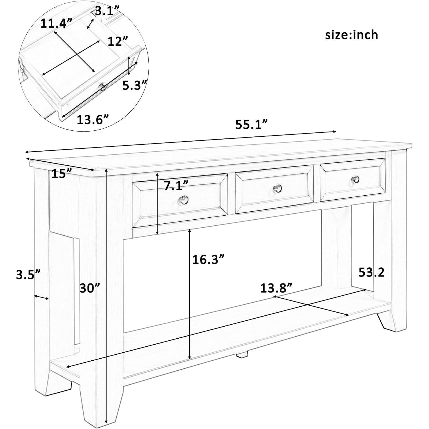 Measurement chart of a wooden console table with dimensions in inches.