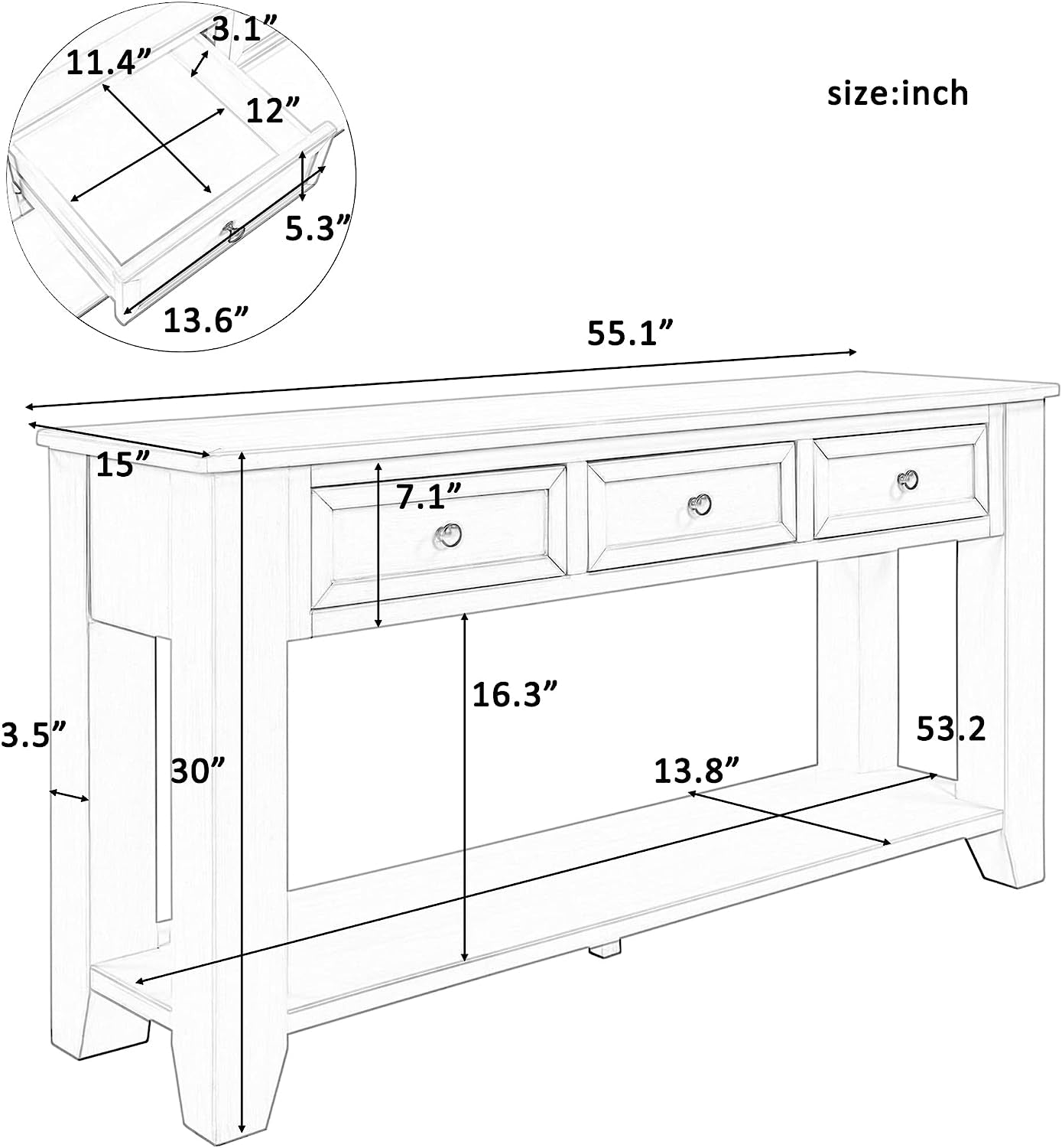 Black Console Table 55In Wide With 3 Drawers And Shelf