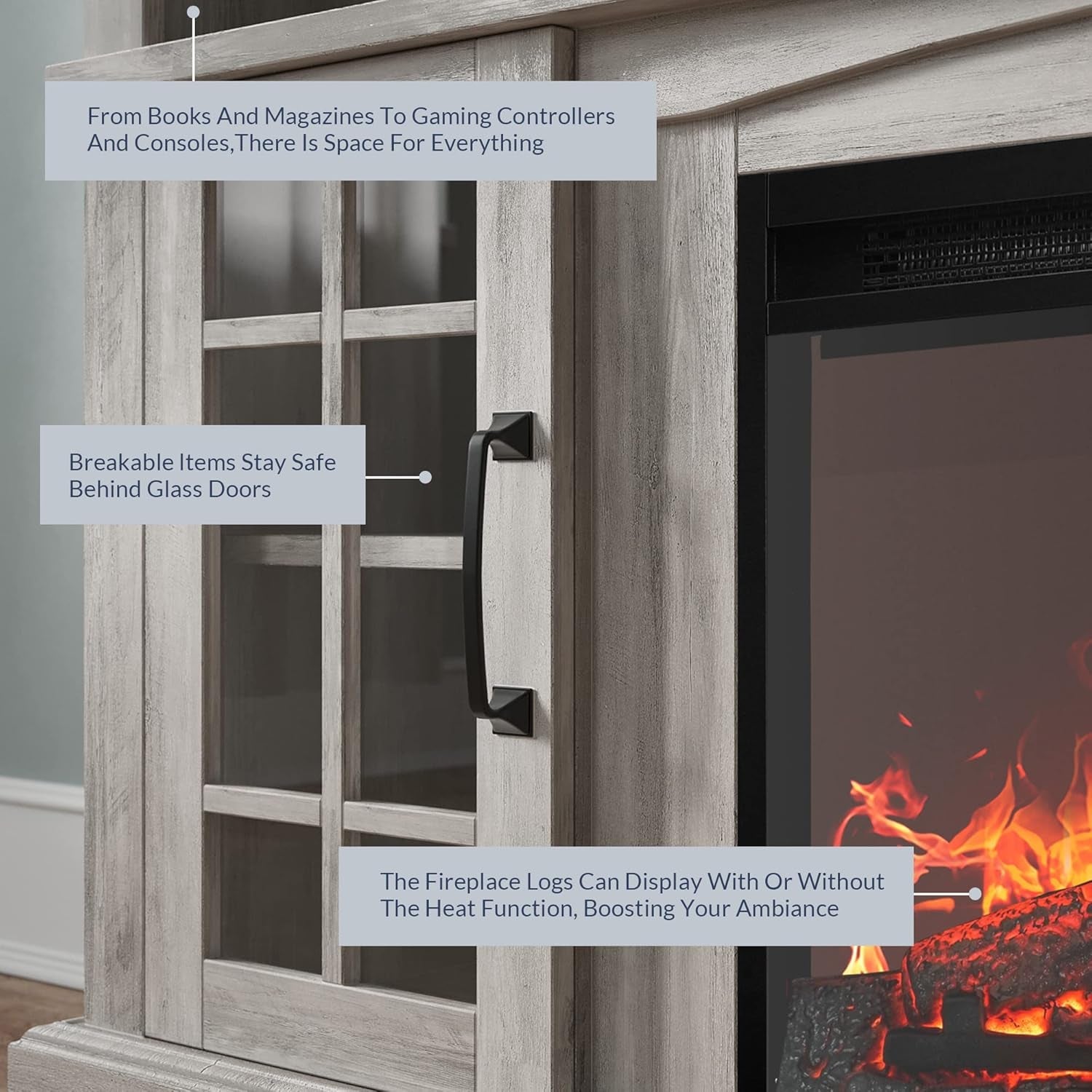 Fireplace with glass doors and text describing features