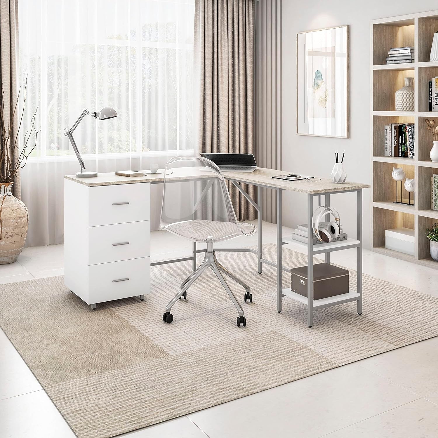 Modern home office with L-shaped desk, chair, and bookshelf.