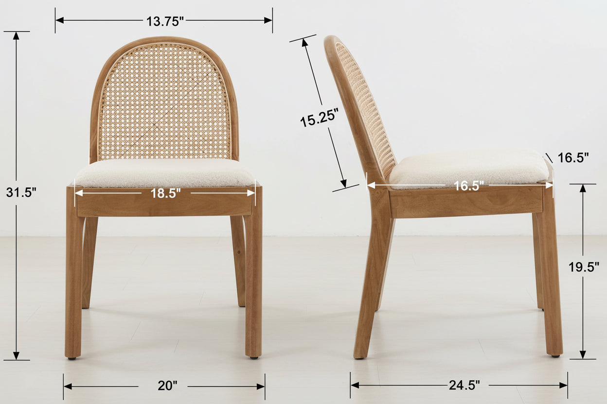 Wooden chair with wicker backrest and seat, shown from multiple angles with dimensions indicated.