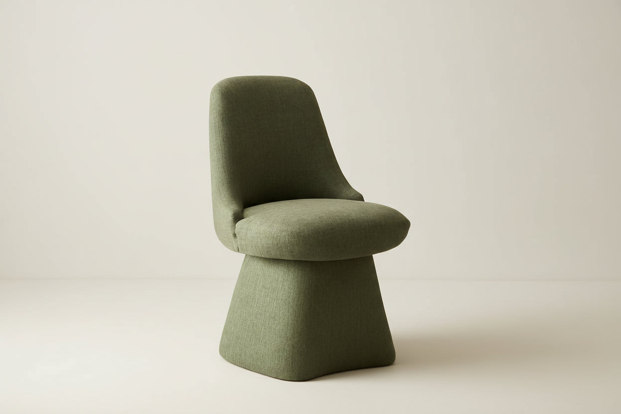 Green chair in a room with a side table and light fixture.