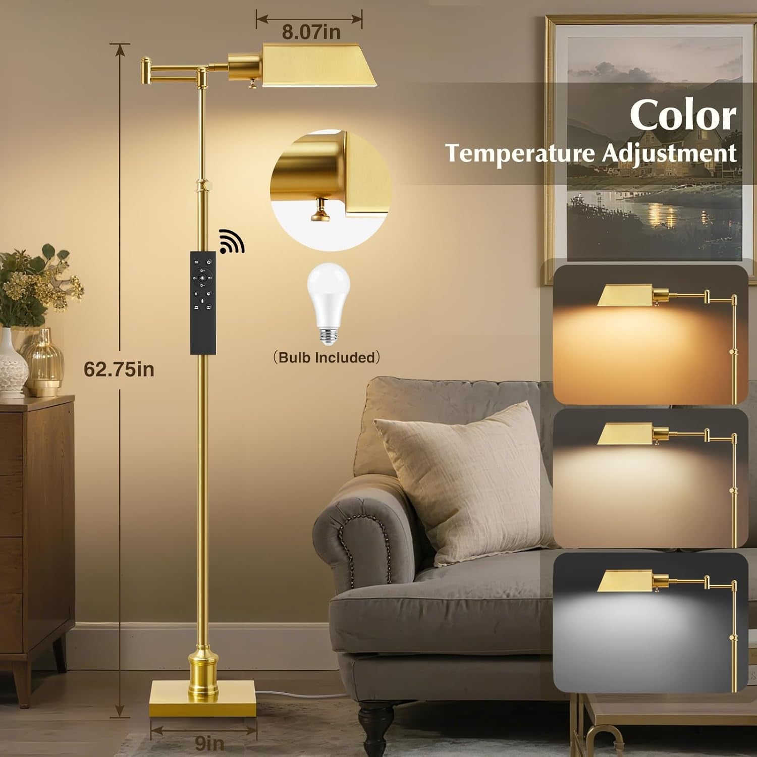 Gold Color Temperature Adjustable Floor Lamp Swing