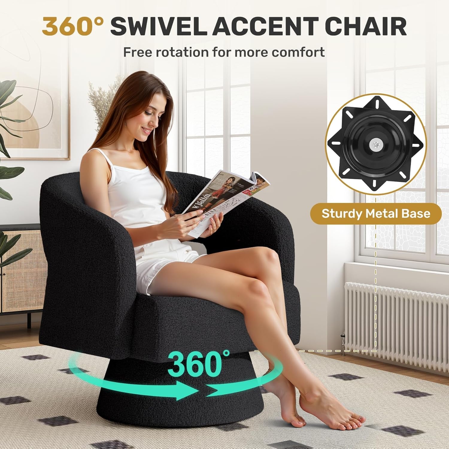 Woman sitting in a 360-degree swivel accent chair reading a magazine, with text highlighting features like free rotation and sturdy metal base.