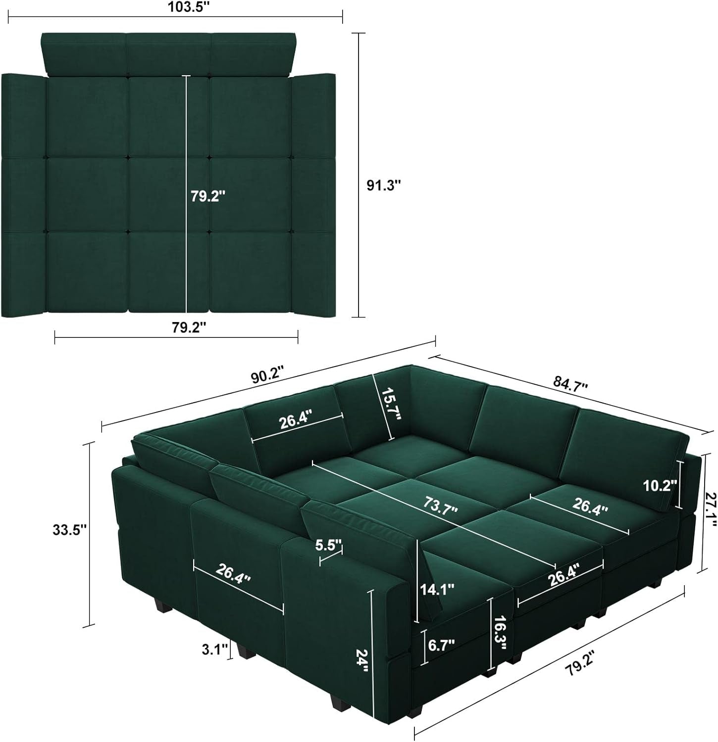 Green sectional sofa with detailed dimensions on a white background