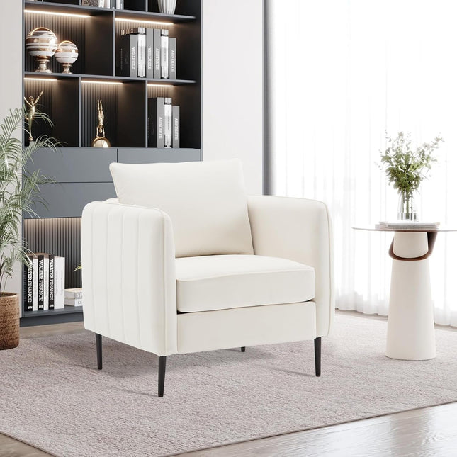 Modern Velvet Accent Chair, Single Sofa Chairs Armchair with Square Arm, Upholstered Accent Chairs for Living Room, Bedroom, Apartment (Beige Chair)-0