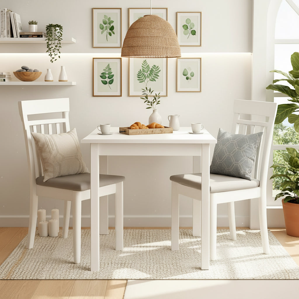 White dining table with two chairs against a beige wall.