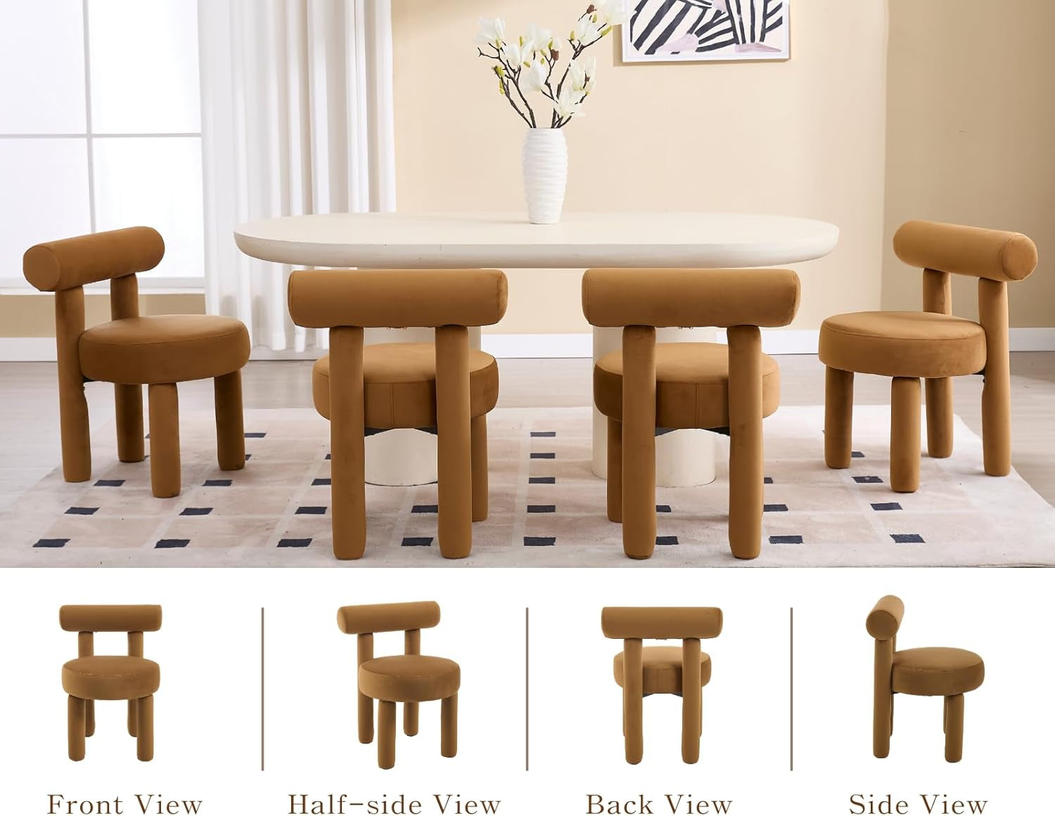 Dining table set with four brown chairs in a room with a window and decorative elements.