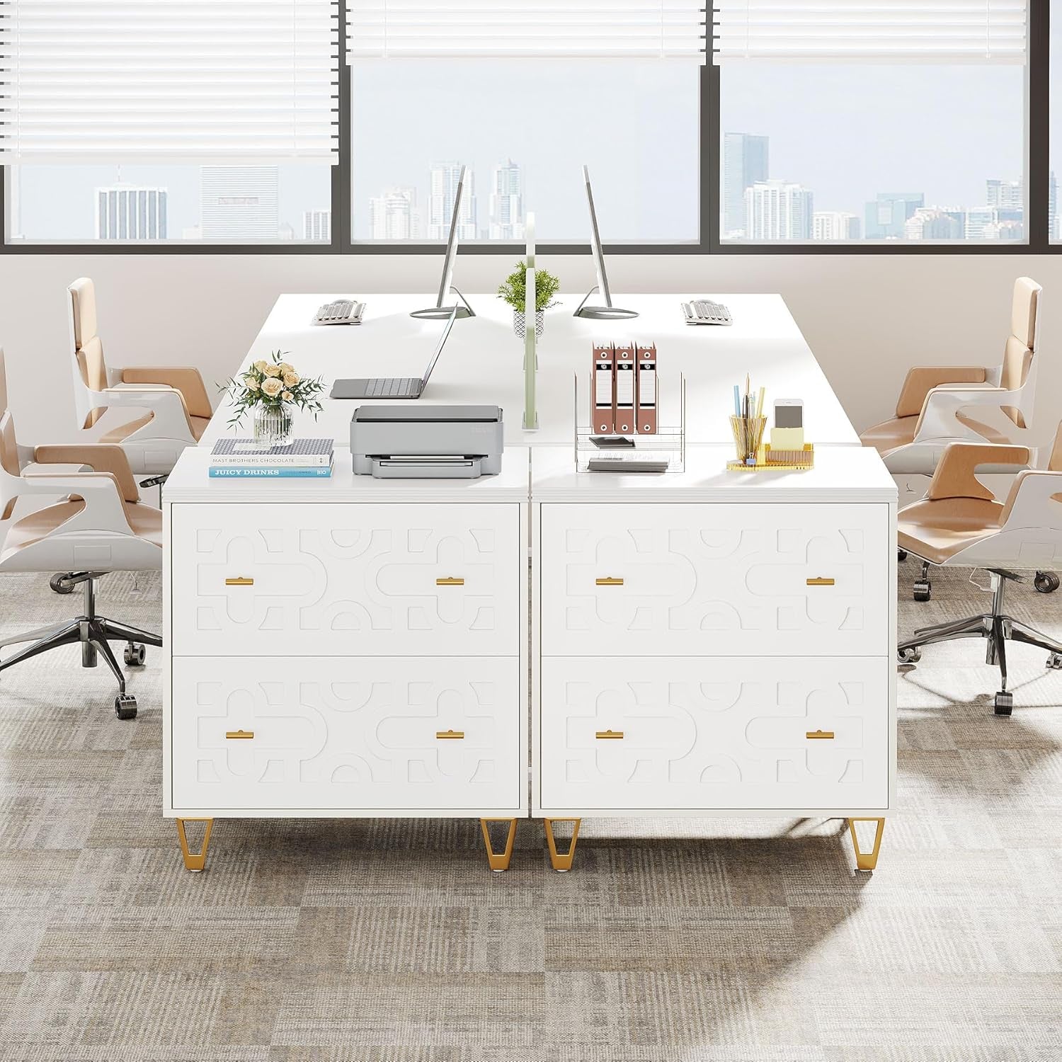 Modern office setup with a white desk, chairs, and office supplies in a bright room.