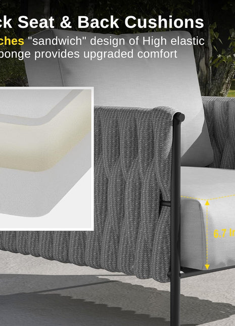 3 Pieces Patio Furniture Set, Armchairs with Coffee Table, Outdoor Furniture Set with Cushion, Modern Outdoor Furniture Deep Seating for Outdoor Garden Porch, Earth Black & Misty Grey-4