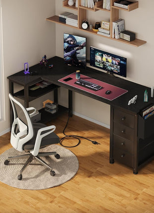 L Shaped Gaming Desk with Drawers & Storage Shelves, 55 Inch Corner Computer Desk with Power Outlet for Home Office Bedroom, L-Shaped Teen PC Desks with Fabric Drawer, Black-1