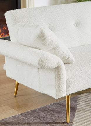 Modern Teddy Upholstered Accent Loveseat Sofa With Side Pocket,Folding Sleeper Sofa Bed With Foldable Armrest , Adjustable Backrest and Golden Metal Legs for Living Room,White-4