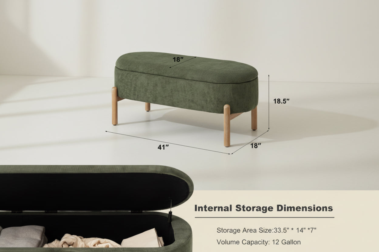 Green ottoman with dimensions and storage details on a white background