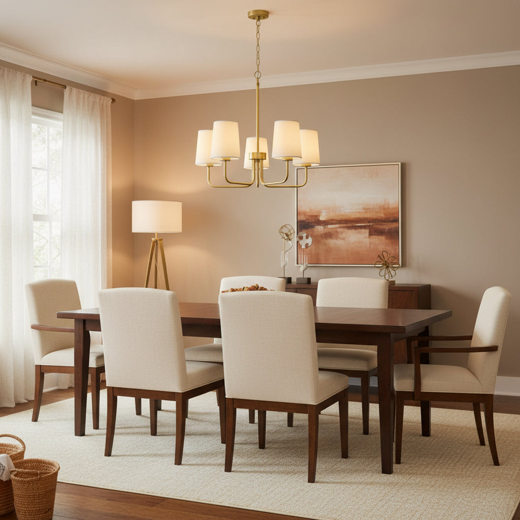 Chandelier with flexible metal ring installation instructions on a ceiling.