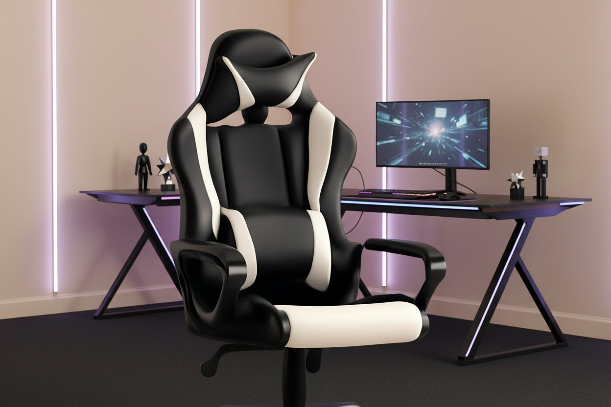 Black and white office chair in a room with a wooden cabinet and beige walls.