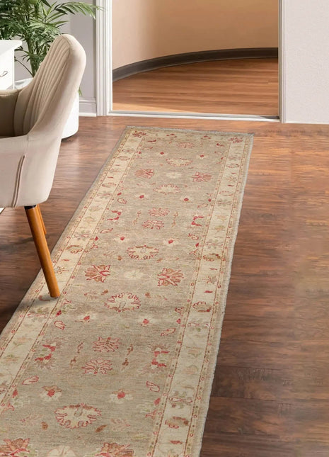 2'8''x9'9'' Runner Taupe, Beige Hand Knotted 100% Wool Chobi Peshawar Traditional Oriental Area Rug-0
