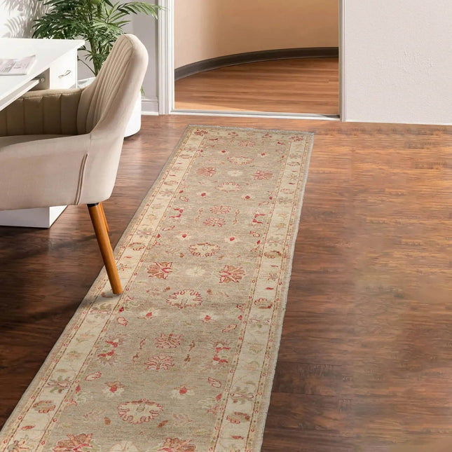 2'8''x9'9'' Runner Taupe, Beige Hand Knotted 100% Wool Chobi Peshawar Traditional Oriental Area Rug-0
