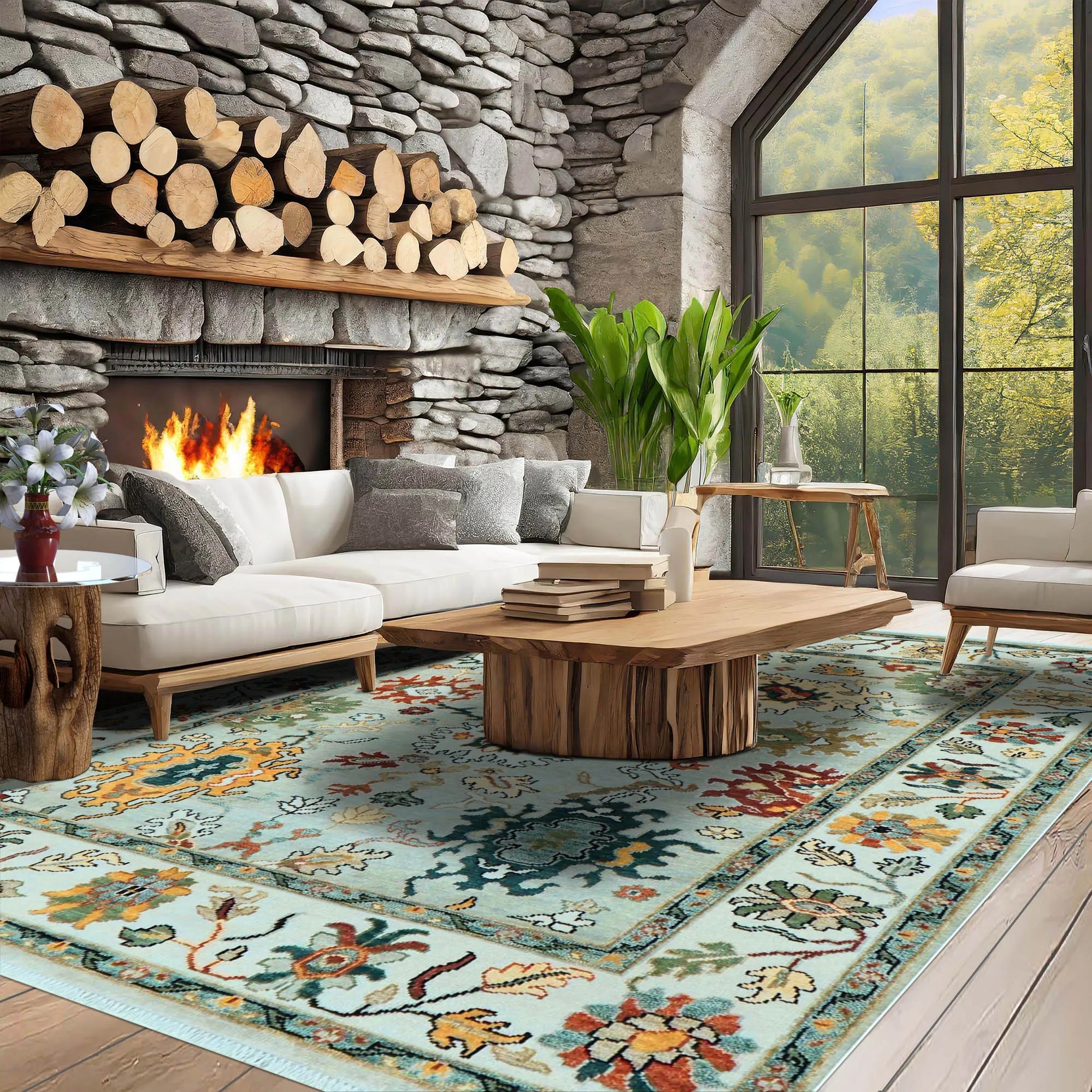 Modern living room with stone fireplace, white sofa, wooden coffee table, and colorful rug.