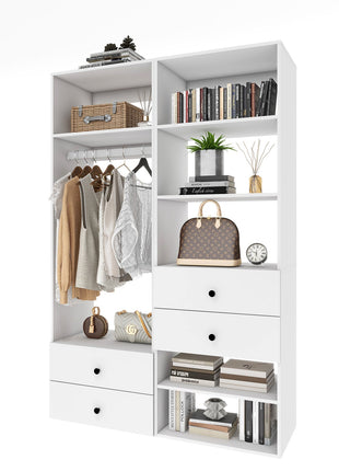 Closet System, Closet Organizers and Storage with  6 Shelves Wall Mounted, Closet Organizer with Clothing Racks for Hanging Clothes, White Wardrobe Closet for Bedroom