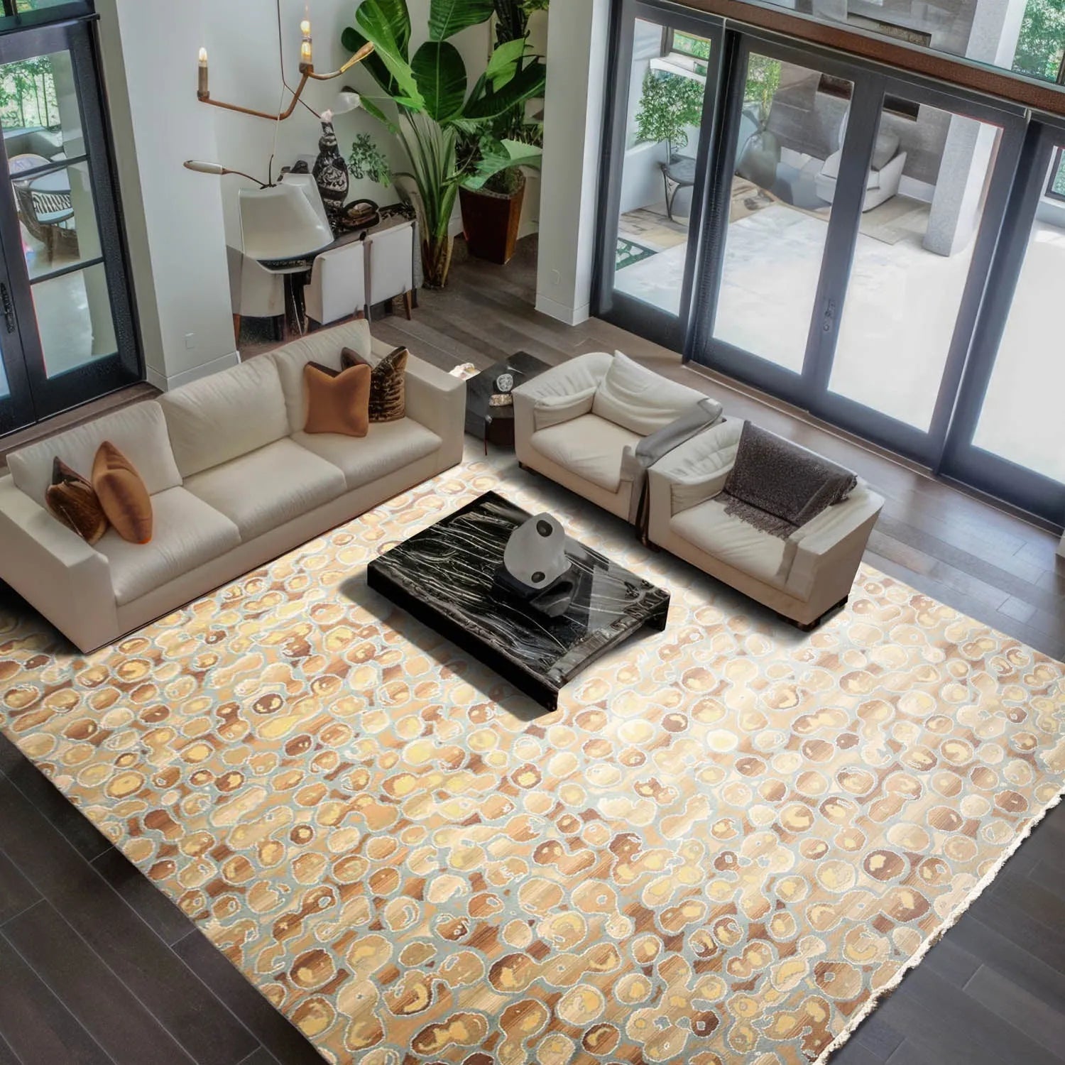 Living room with a patterned rug, sofa, and coffee table.