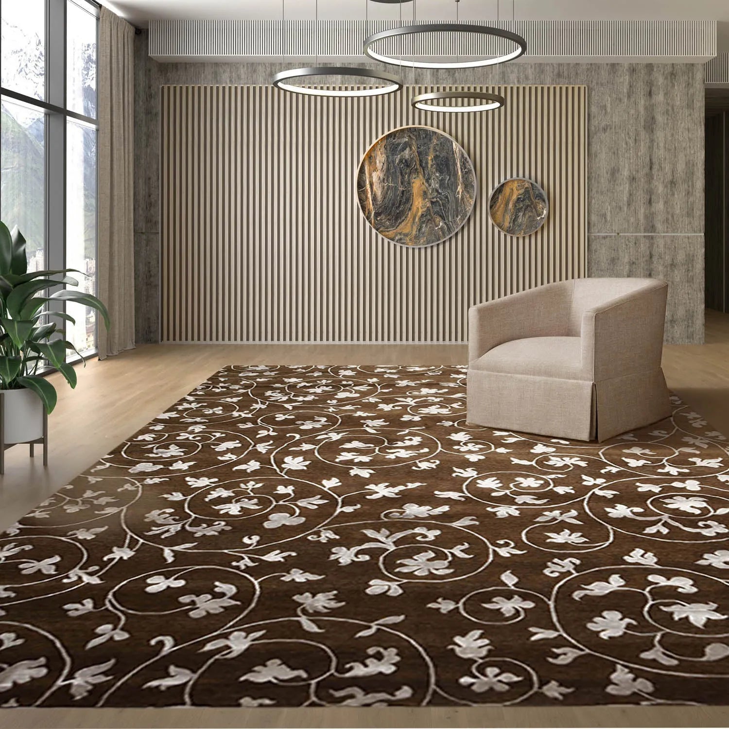Decorative brown and white floral rug in a room with a chair and wall art.
