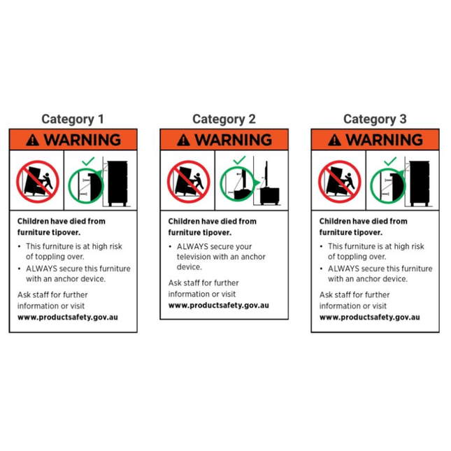 Three warning labels for furniture tipover risks with icons and text on a white background.