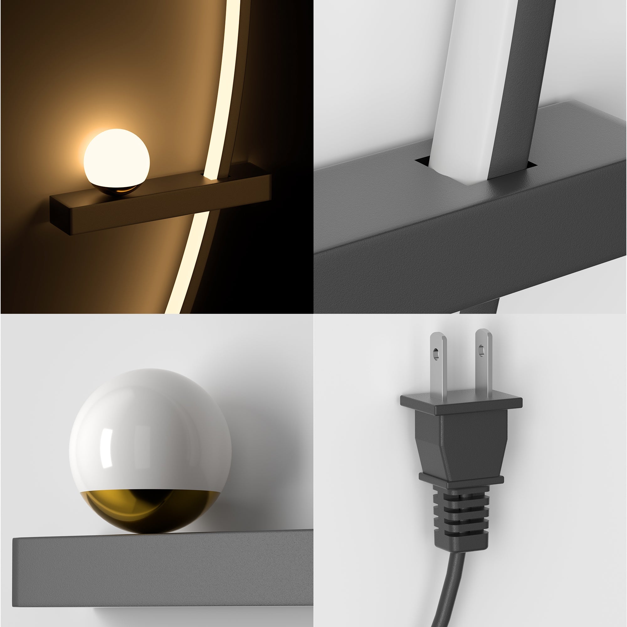 Collage of wall-mounted light fixture components including bulb, fixture, and plug.