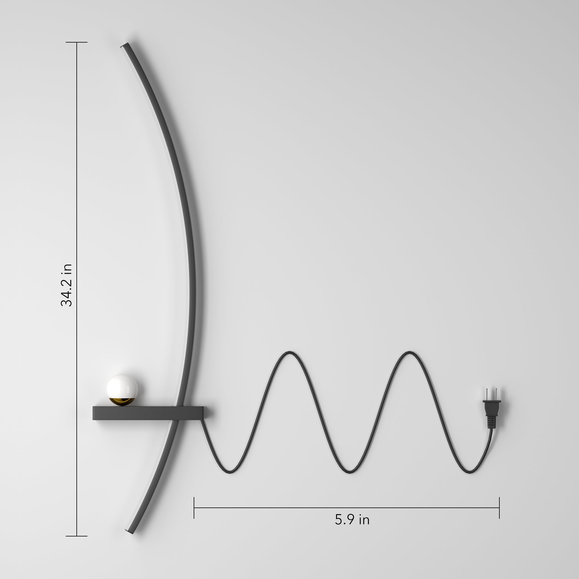 Modern wall light fixture with curved design and wavy cable on a gray background