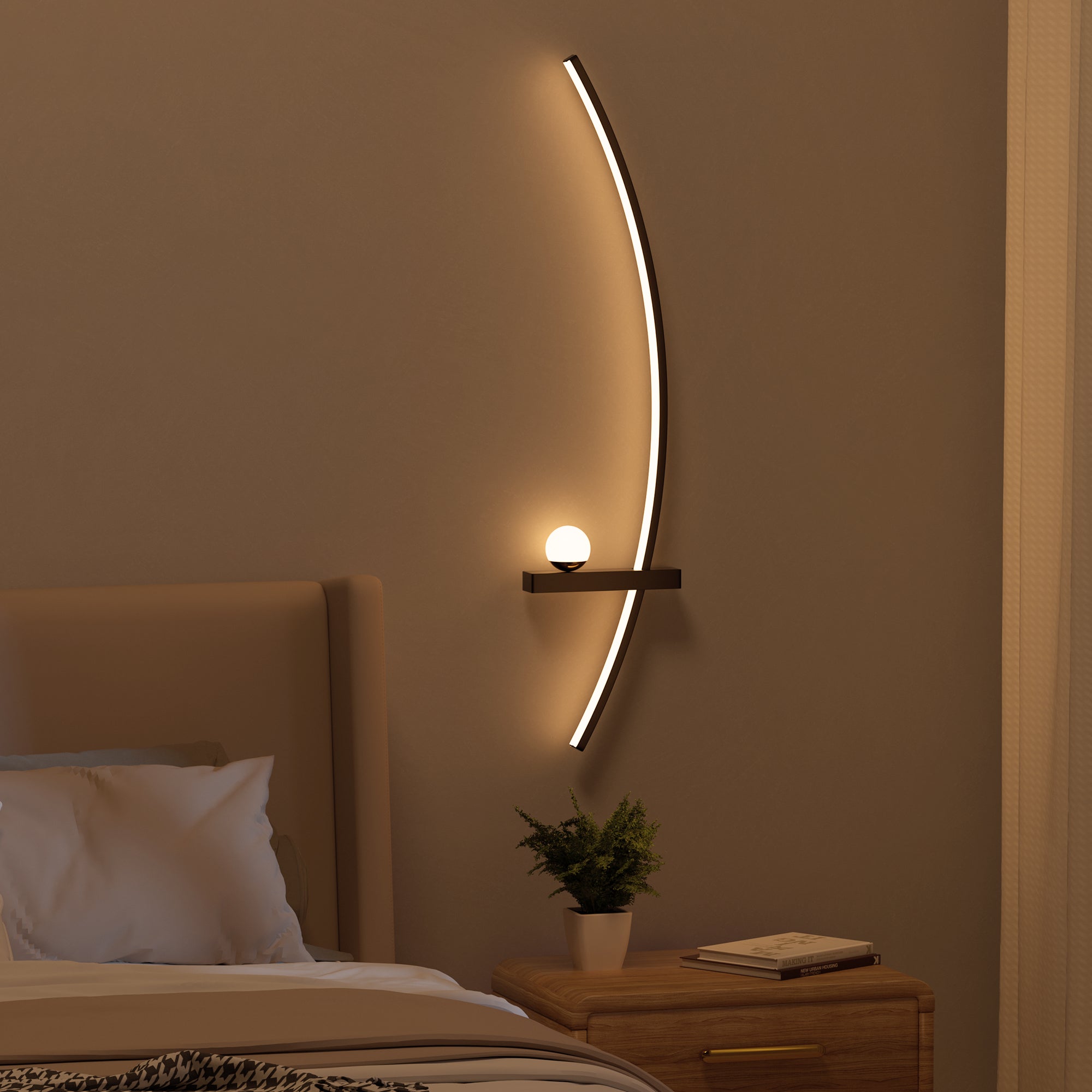Modern wall-mounted light fixture in a bedroom setting with a bed and nightstand.