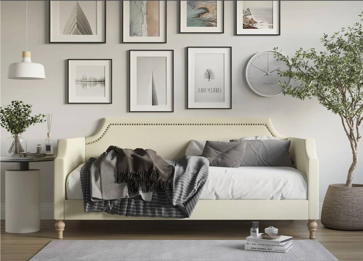 Twin size Beige Cream Polyester Fabric Upholstered Daybed with Nailhead Trim-2