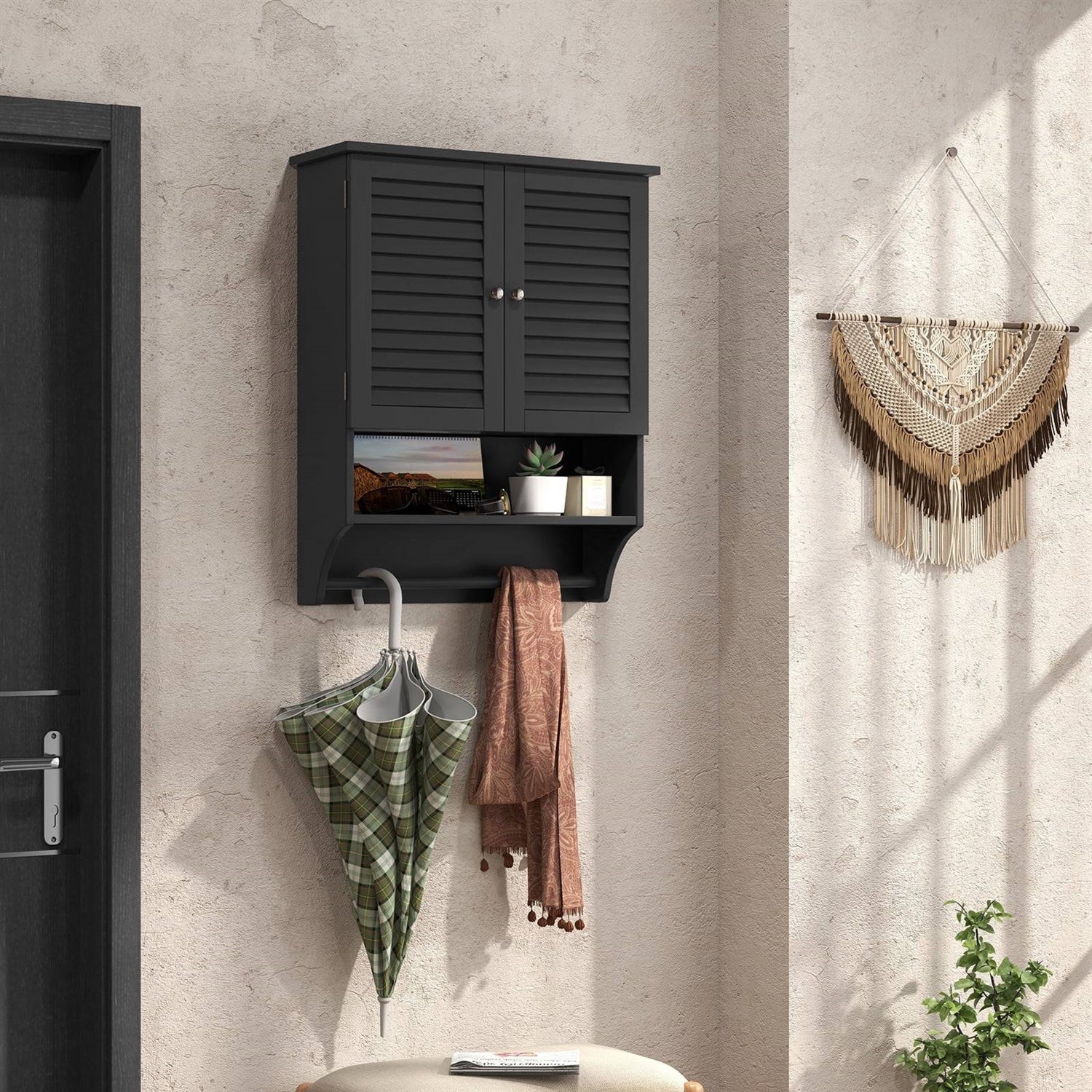 Black Wall-Mounted Bathroom Medicine Cabinet with Louver Doors and Towel Bar-1