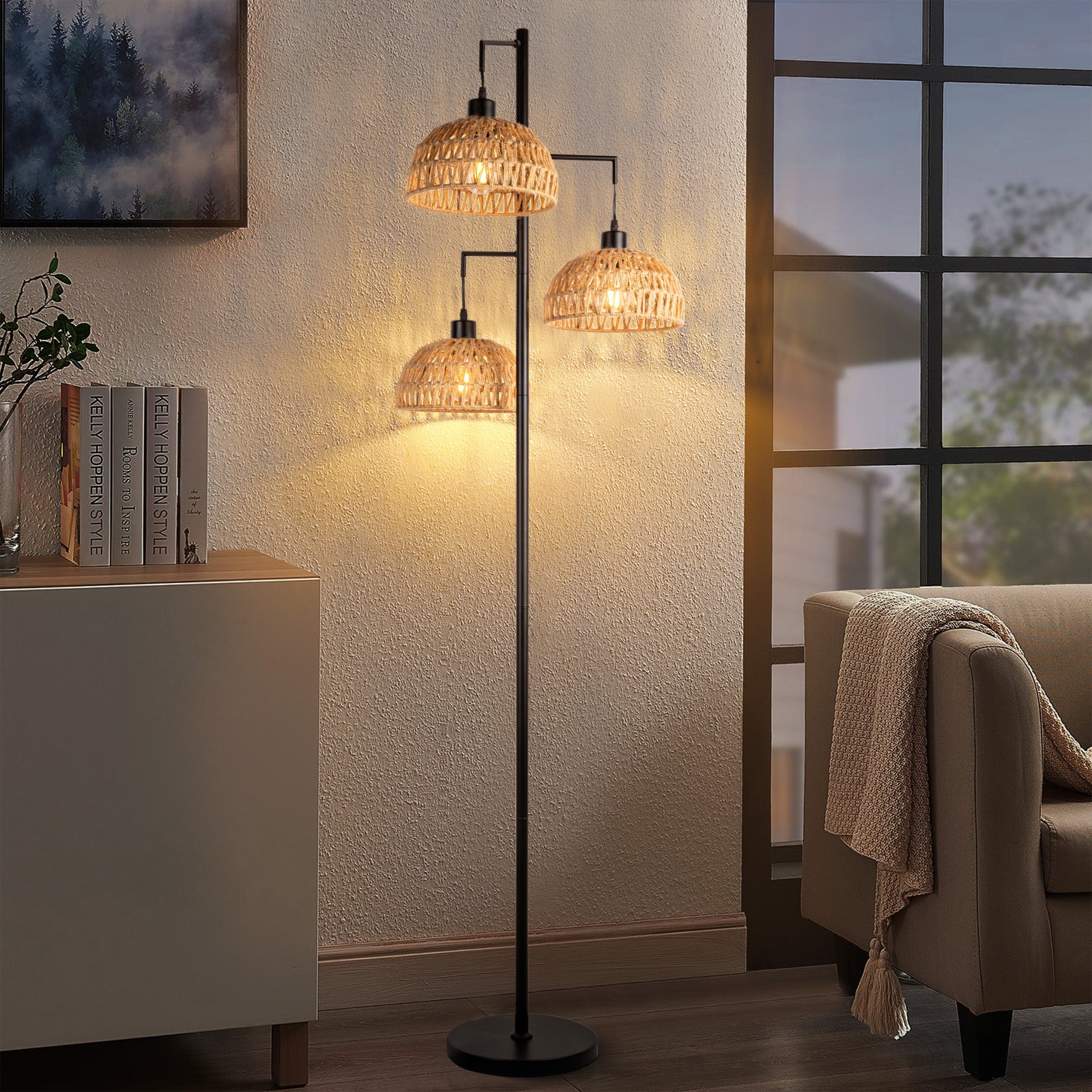 Modern floor lamp with glass shades in a living room setting.
