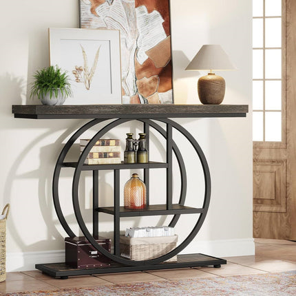 Decorative console table with circular design in a room setting