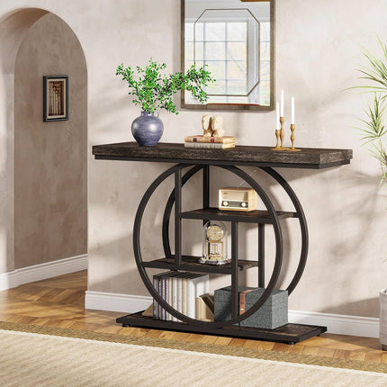 Console table with decorative items in a room setting