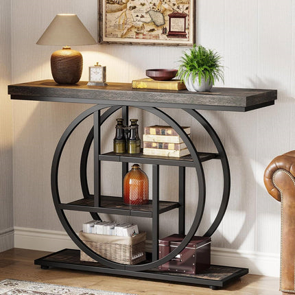 Console table with decorative items against a wall