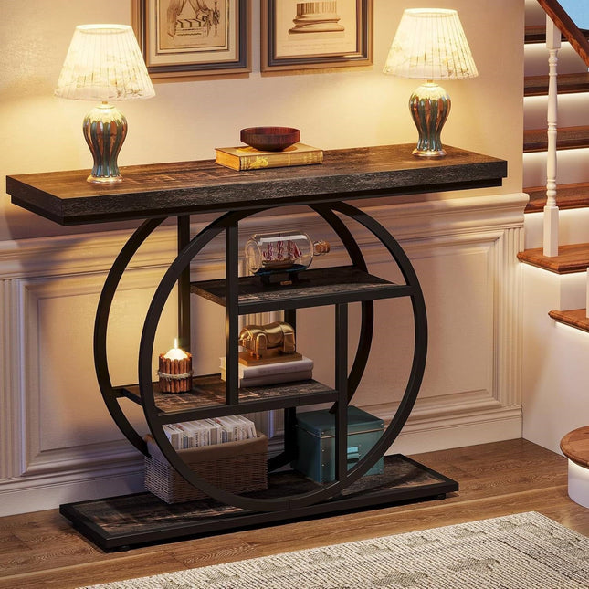 Console table with decorative items and lamps in a home setting