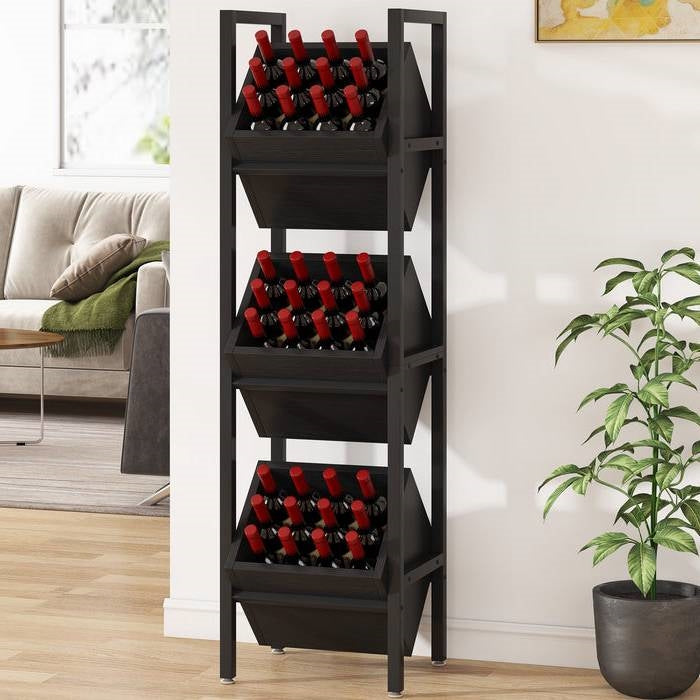 Black Industrial Farmhouse 3 Bin 36 Bottle Wine Rack Storage Display Shelf-1