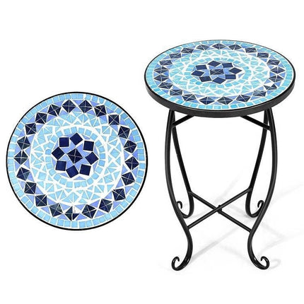 Round mosaic table with blue and black pattern on a white background