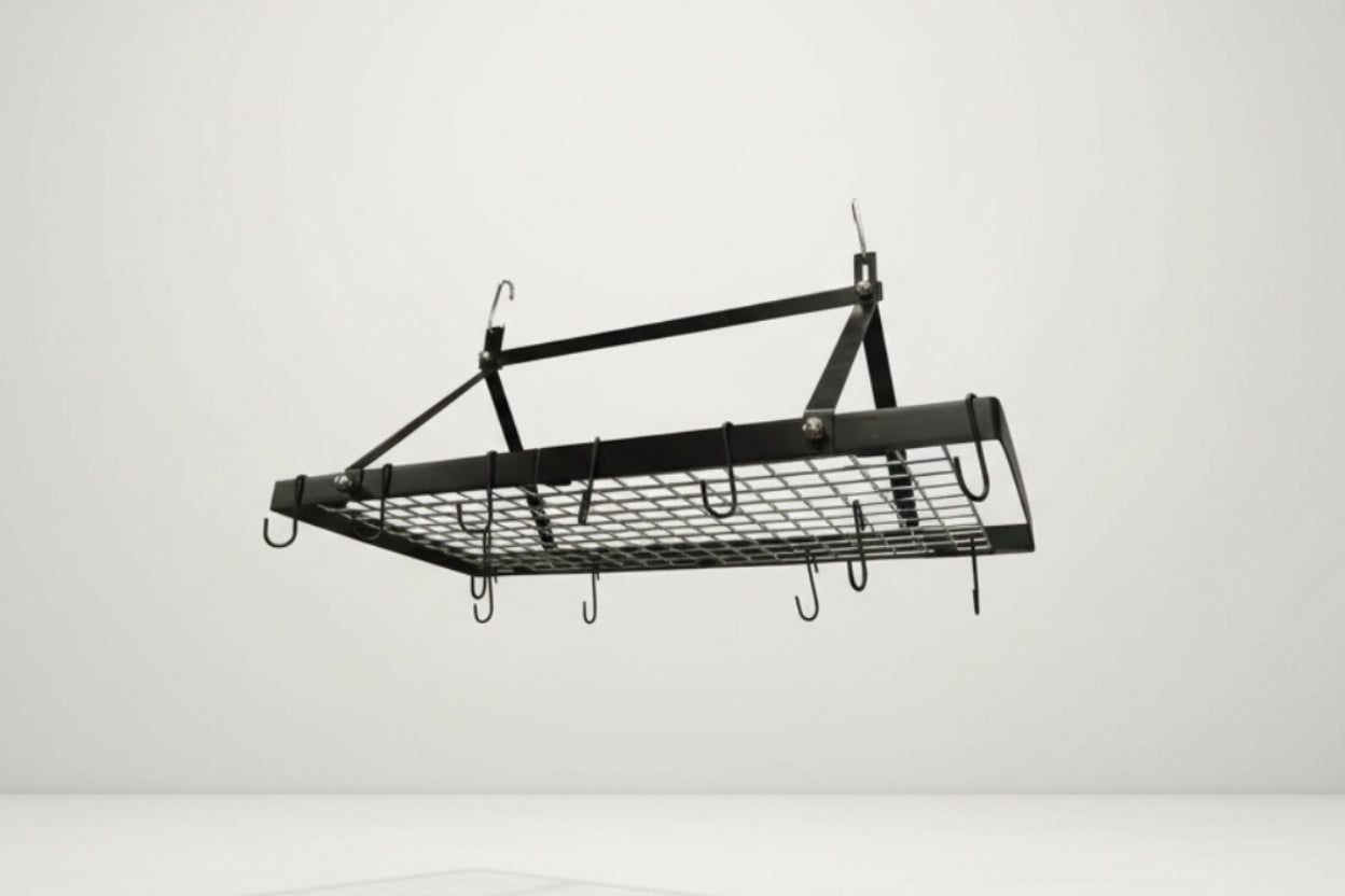 Black Metal Rectangular Pot Rack with 12 Hanging Hooks - Holds up to 40 lbs.-0