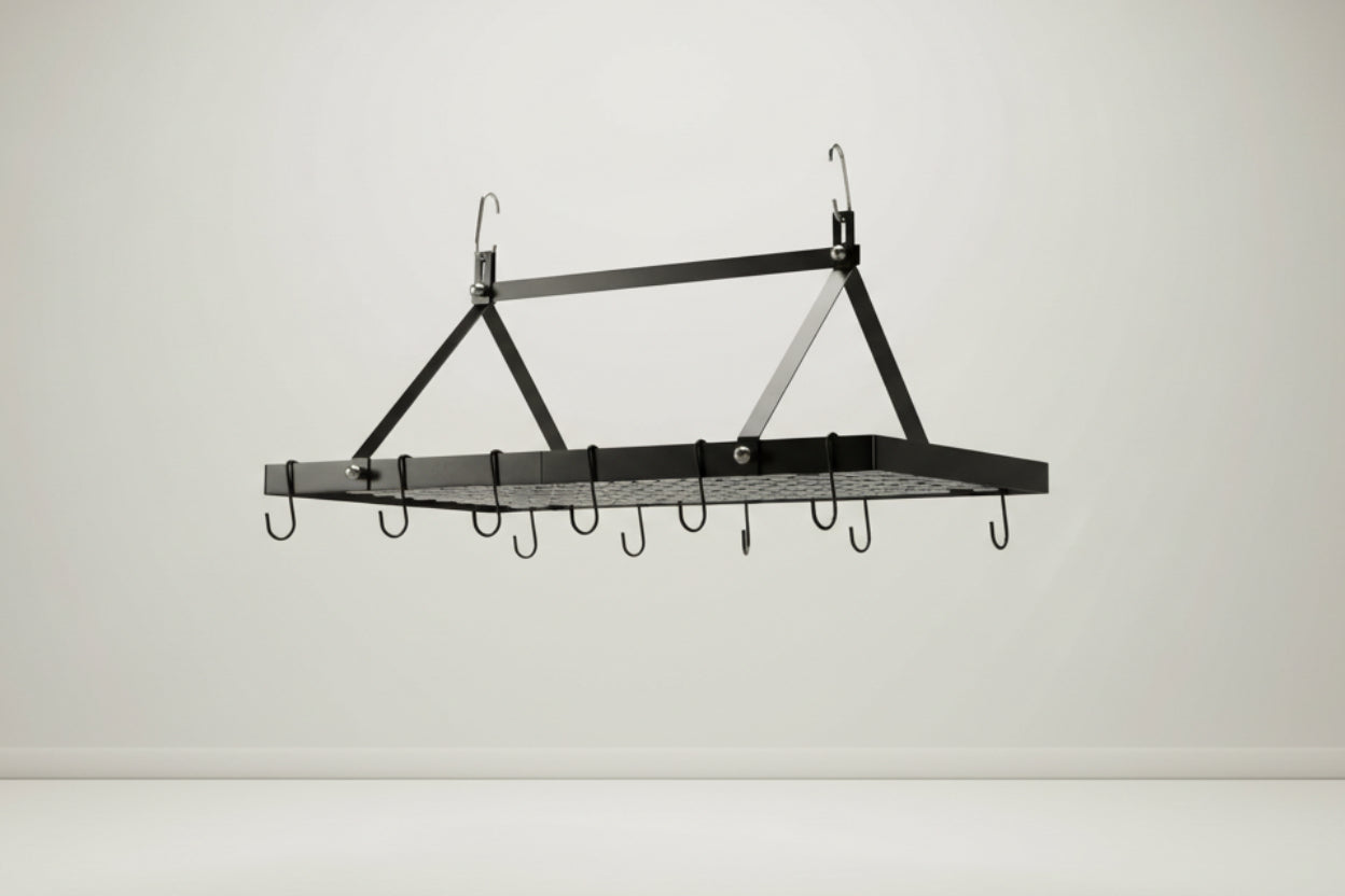 Black Metal Rectangular Pot Rack with 12 Hanging Hooks - Holds up to 40 lbs.-1