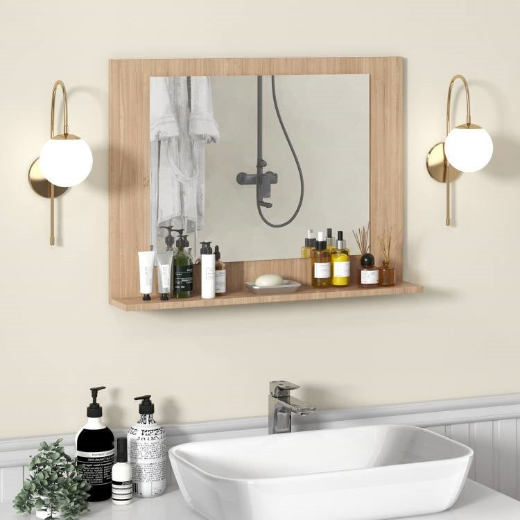 Rectangular 23 x 17 inch Bathroom Wall Mirror with Shelf in Brown Wood Finish-2